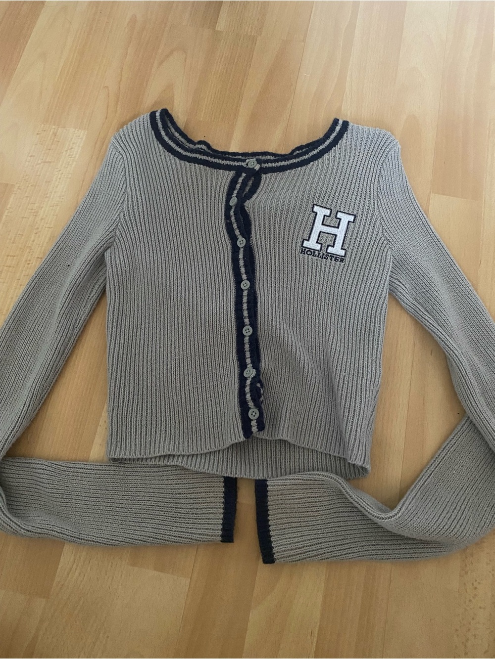 Hollister grey Cardigan with Navy Trim and Patch